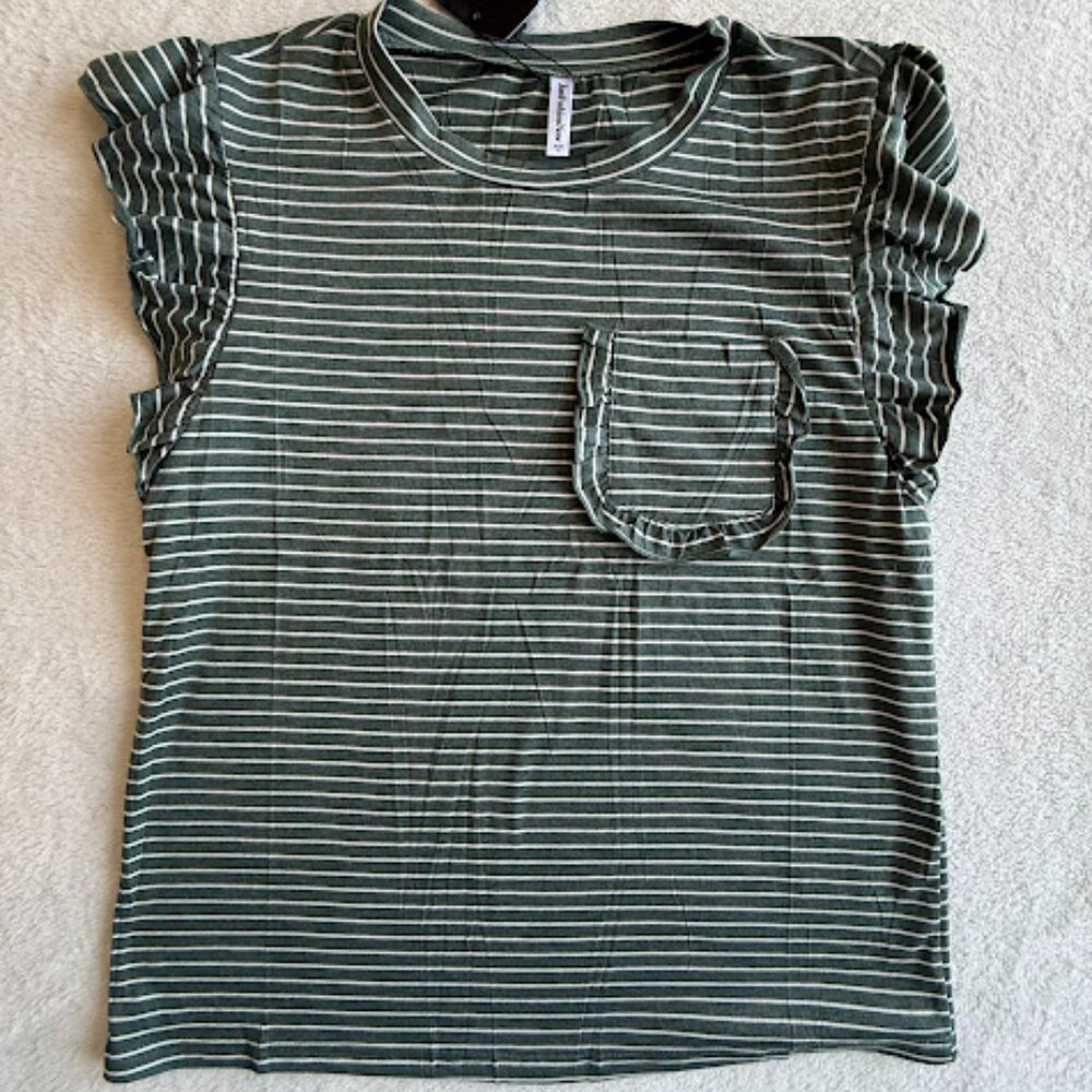 NWT Olive Green Striped Ruffle Sleeve Tee Womens Casual Pocket Top Size M - Picture 2 of 13